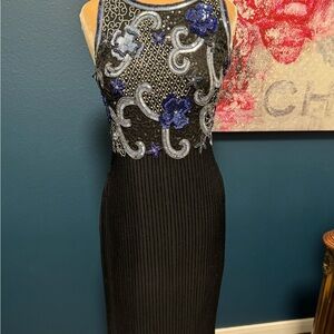 Scala Vintage 90's Beaded Silk Black and Blue Full Length Gown Size M.